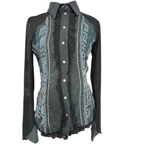 Save The Queen Italy Sheer Mesh Embroidered Gothic Top Shirt M Made in Italy